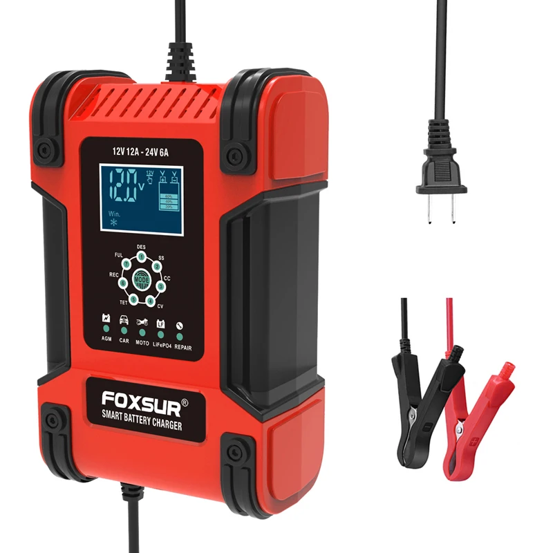 

FOXSUR 12V 24V 12A Smart Battery Charger, Car Truck Lead-Acid AGM EFB GEL WET Battery Charger