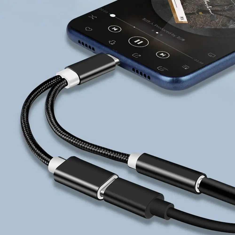 نايلون 2 في 1 Type-C إلى 3.5 مللي متر شاحن سماعة الصوت جاك USB C كابل نوع-C إلى 3.5 مللي متر موصل محول للهاتف المحمول