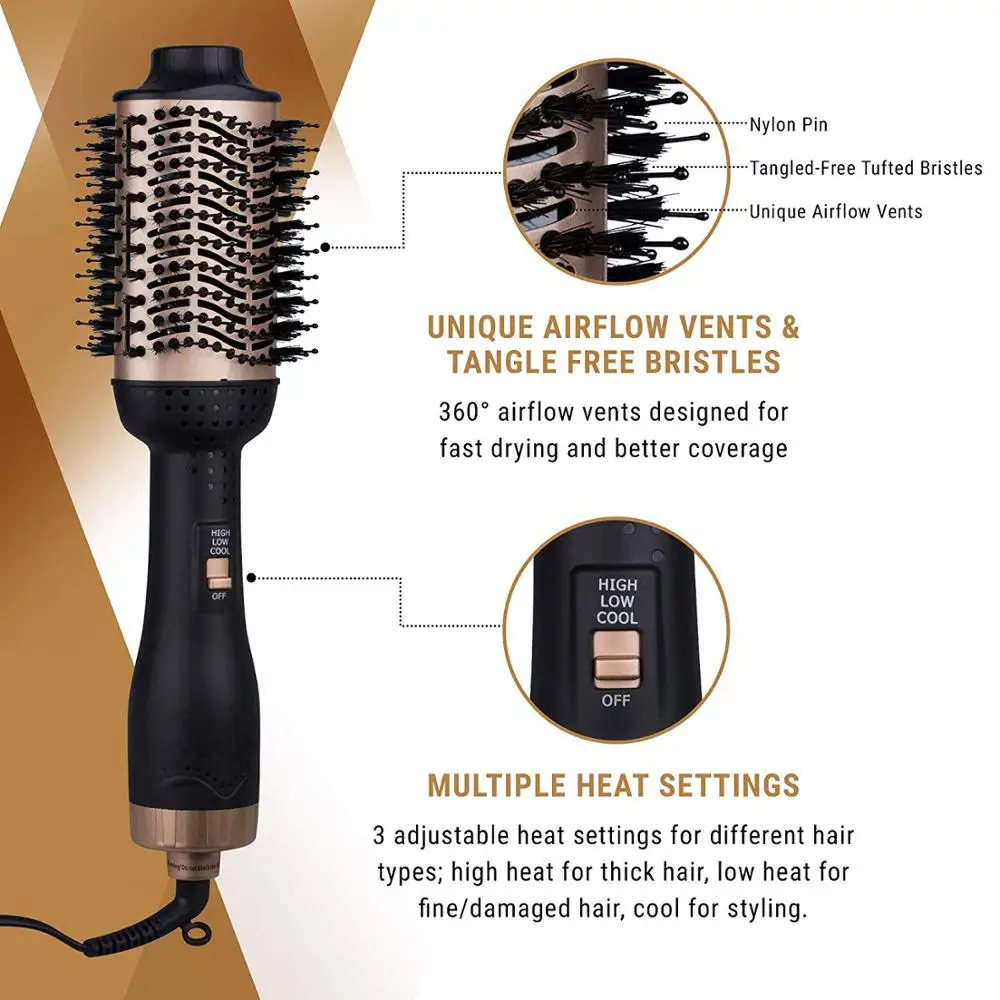 2 in 1 Gold One Step Hair Dryer Brush And Volumizer Anti-scald Hair Straightener&Curler Negative Ions For Wet Dry Hot Air Brush