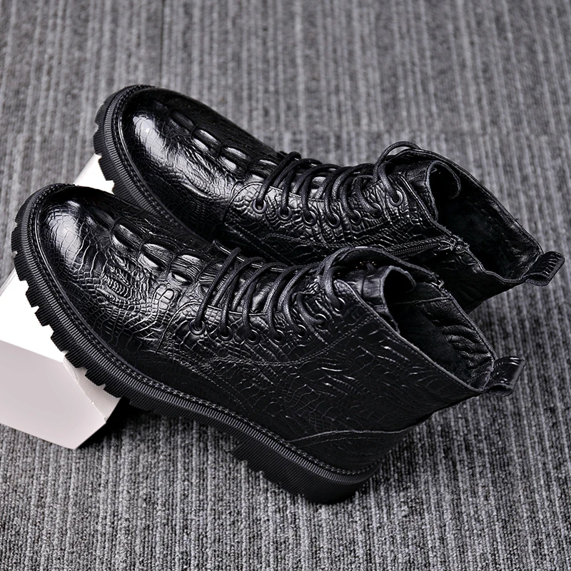 

2021 Crocodile Grain Cow Leather Martin Boots Fashion Men Ankle Boots Genuine Leather Casual High-top Men Boots Winter Boots