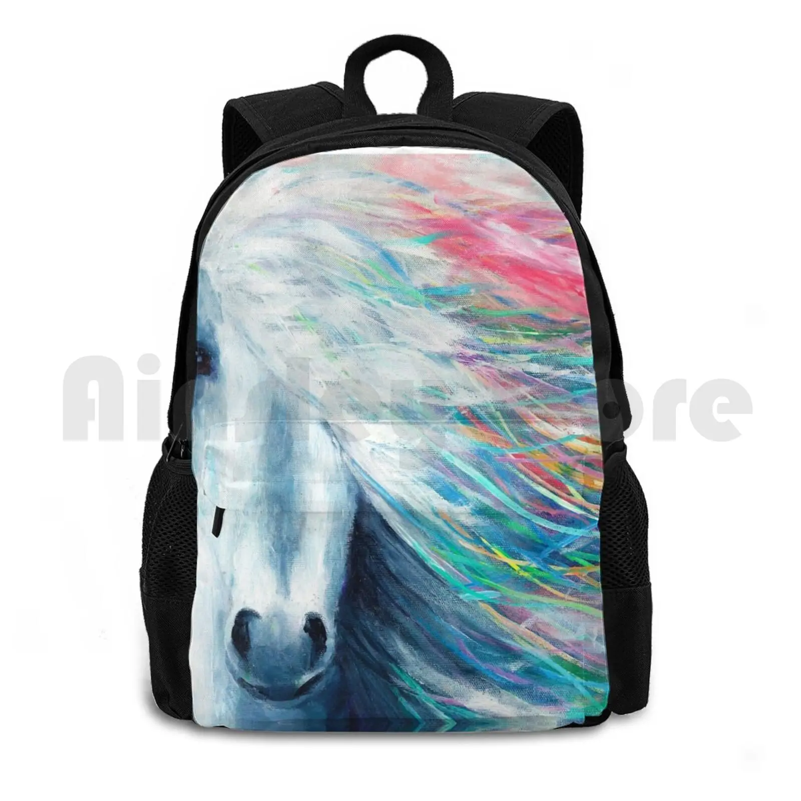 Rainbow Horse Outdoor Hiking Backpack Waterproof Camping Travel Rainbow Horse Equine Colorful White Sunset Animals Nature