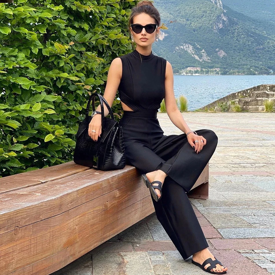 Free Shipping 2021 New Women Elegant Black Hollow Out Bandage Jumpsuits Sexy Sleeveless & Long Pants Out Wear Rompers Jumpsuits