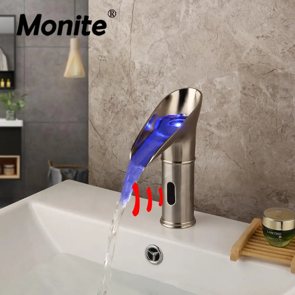 

Monite LED Automatic Sensor Hand Touch Griffin Solid Brass Basin Sink Mixer Waterfall FaucetNickel Brushed Bathroom Sink Faucet