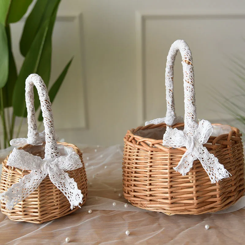 

Hand Crafts Weaving Flower Basket Floral Shop Decoration Wedding Supplies Bride Portable Small Basket Flower Girl Basket