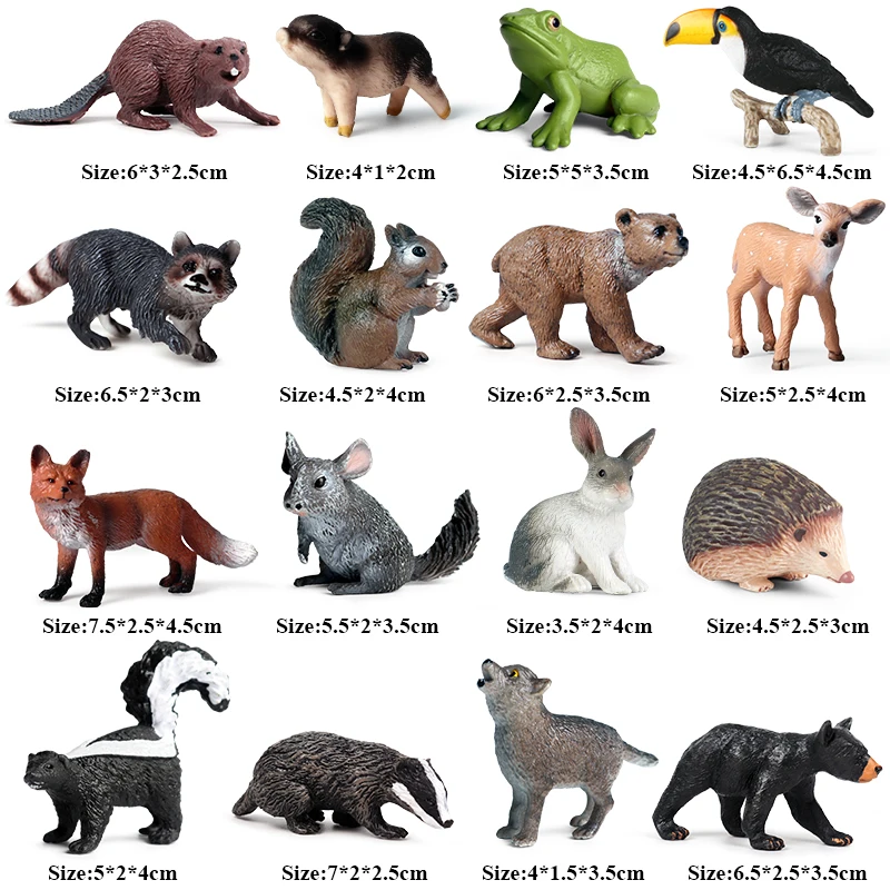 Oenux 16PCS Wild Animals Bird Fox Wolf Deer Model Action Figure Farm Rabbit Baby Figurines Miniature Cake Toppers Cute Kids Toys