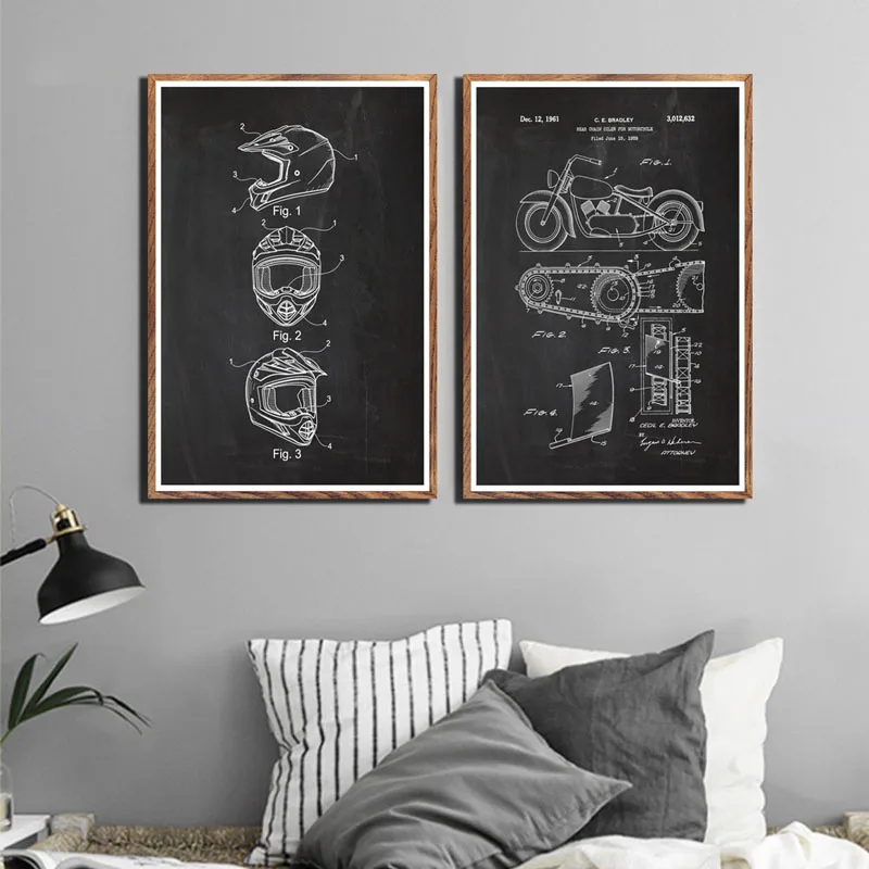 Motorcycle Motocross Helmet Blueprint Art Canvas Painting Poster Wall Home Decor quadro cuadros