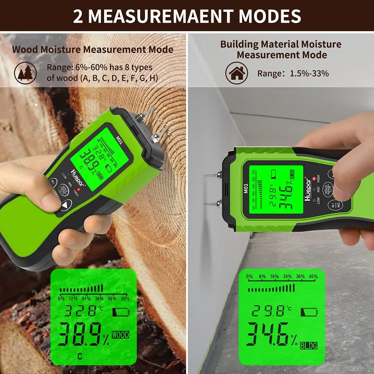 Huepar Digital Wood Moisture Meter Pin-Type Water Leak Detector with 2 Measuring Modes -8 Types of Wood Dampness Tester with LCD