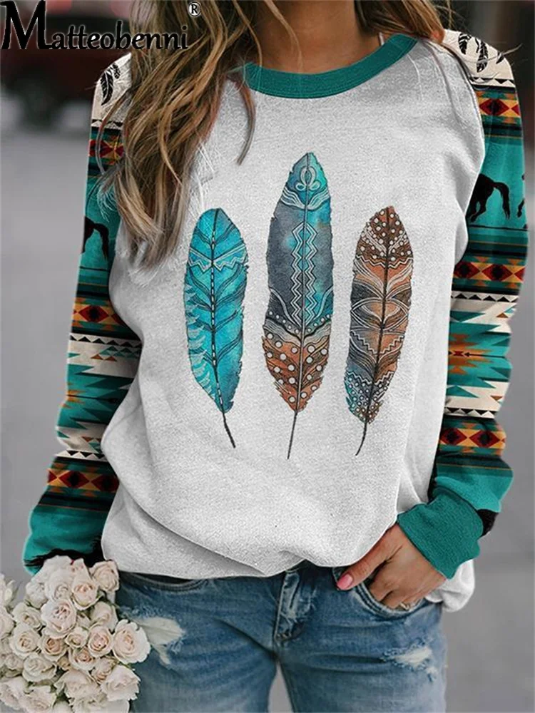 2021 Autumn Winter Retro Western Ethnic Geometric Print Sweatshirt Women\'s Casual Round Neck Vintage Loose Street Sweatshirts