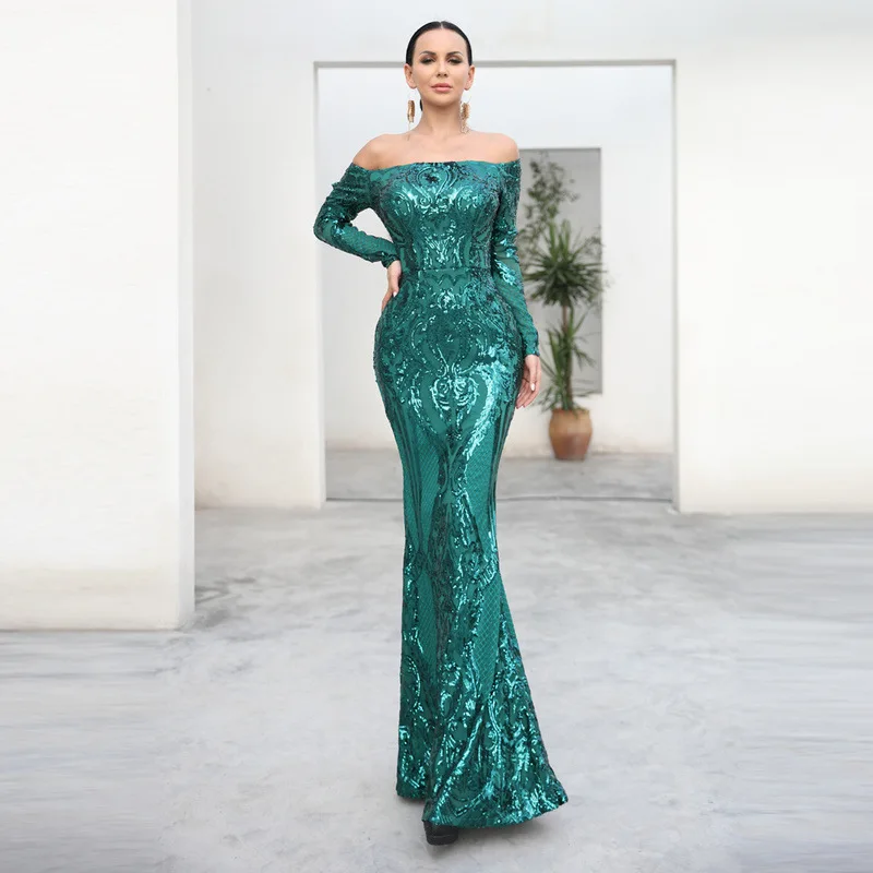 

Sexy Off-Shoulder Long-Sleeved Party Dress Vintage Sequined Mermaid Dress Long Dresses Evening Women Dress Evening Party