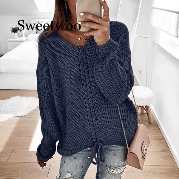 

2020 Autumn Women Lace Up Knitted Sweater Pullovers Women Casual V-neck Knitwear Jumper Warm Winter Solid Sweater Top