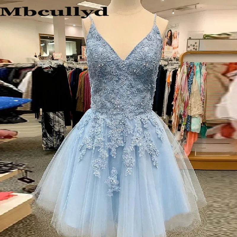 Mbcullyd Light Blue Short Cocktail Dresses 2023 Charming Applique Lace Prom Party Gowns Sexy V-neck Backless robe de soiree