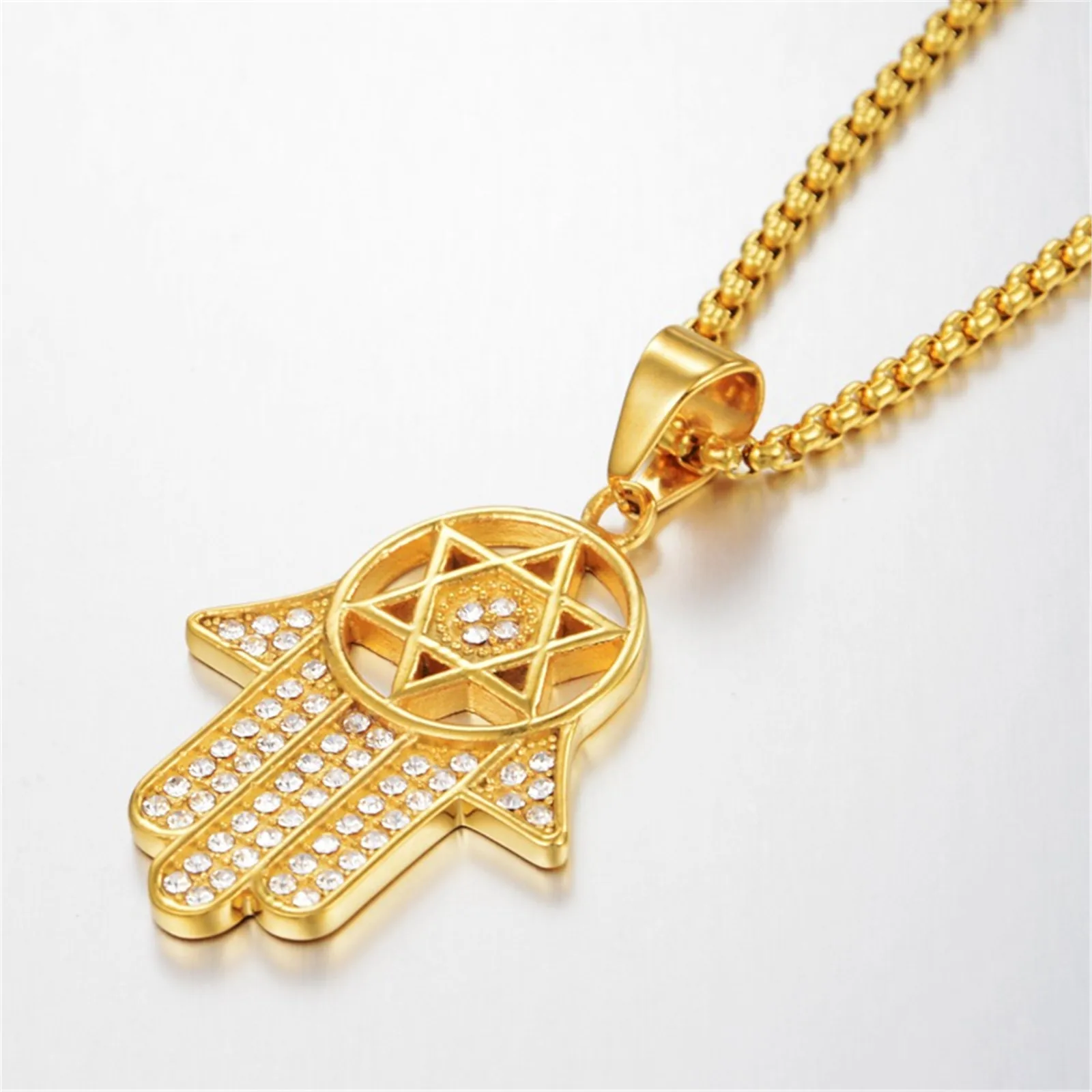 Hand of Fatima Necklace Solomon's Seal Star of David Stainless Steel Hamsa Pendant with Zircon for Women Men Golden Jewelry