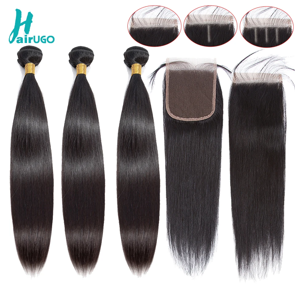 

Straight 4x4 Lace Closure With Bundles Peruvian 2/3 Human Hair Bundles With Closure 8-30“ Non-Remy Hair Weaving Transparent Lace