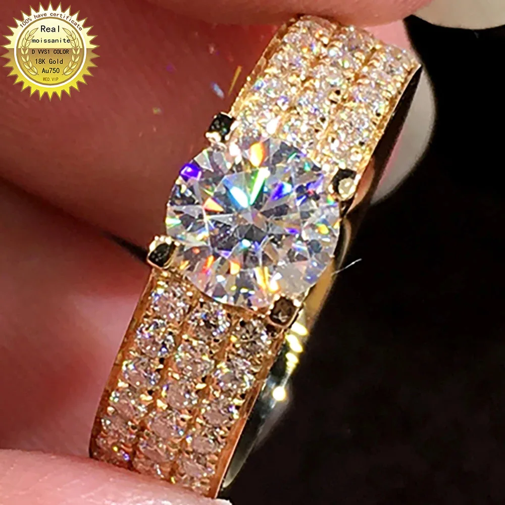 

14K Au585 Yellow Gold Women Ring Moissanite Diamonds 1 2 4 5 Carat 3 Row Round Wedding Party Engagement Anniversary Ring Unisex