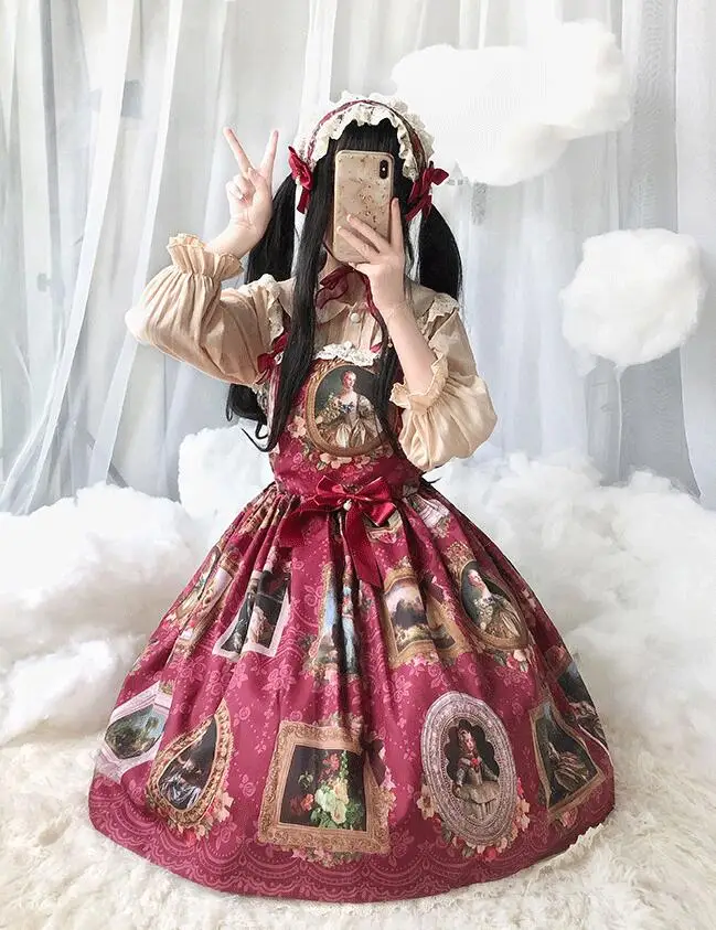 Drukowanie wysokiej talii sukienka w stylu wiktoriańskim kawaii dziewczyna gothic lolita jsk loli księżniczka z pałacu słodka sukienka lolita koronka w stylu vintage bowknot