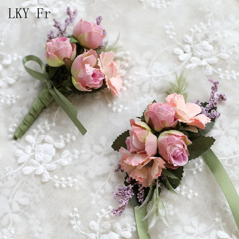 LKY Fr-ramillete de muñeca de boda, pulsera de dama de honor, flor de seda, pulseras de muñeca, flores de mano de boda, Boutonniere, padrino de boda