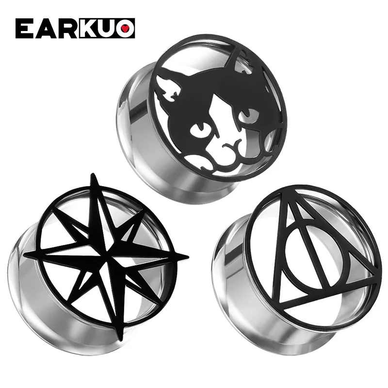 EARKUO Top Quality Stainless Steel Flower Fan Shape Ear Gauges Stretchers Expanders Body Piercing Jewelry Ear Tunnels Plugs 2PCS