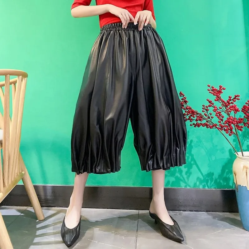 Women Natural Leather Harem Pants Streetwear Casual Wide Leg Pants Elastic High Waist Loose Office Calf-Length Pants