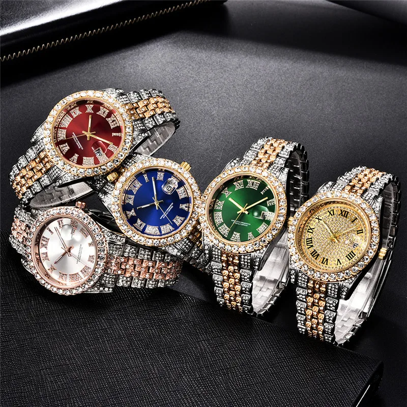 Mens Full Iced Out Watches Luxury Date Quartz Wrist Watches With Micropave CZ Alloy Watch For Women Men Hip Hop Jewelry