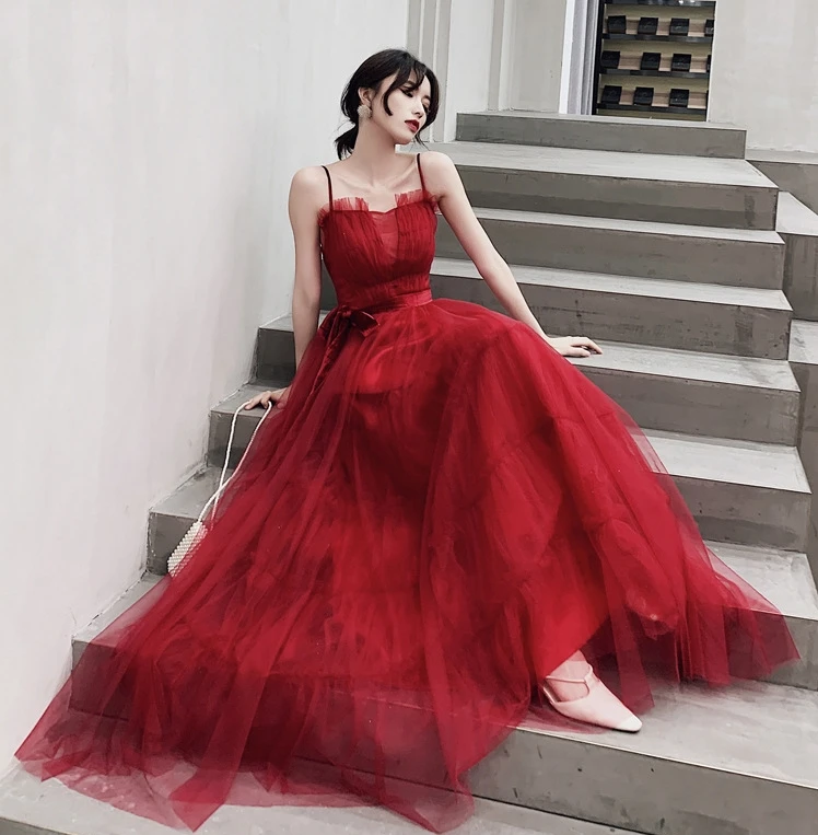 

Hot Sale Evening Dresses With Sash 2024 Tulle Spaghetti Straps Ruffles A-Line Long Burgundy Prom Birthday Gowns