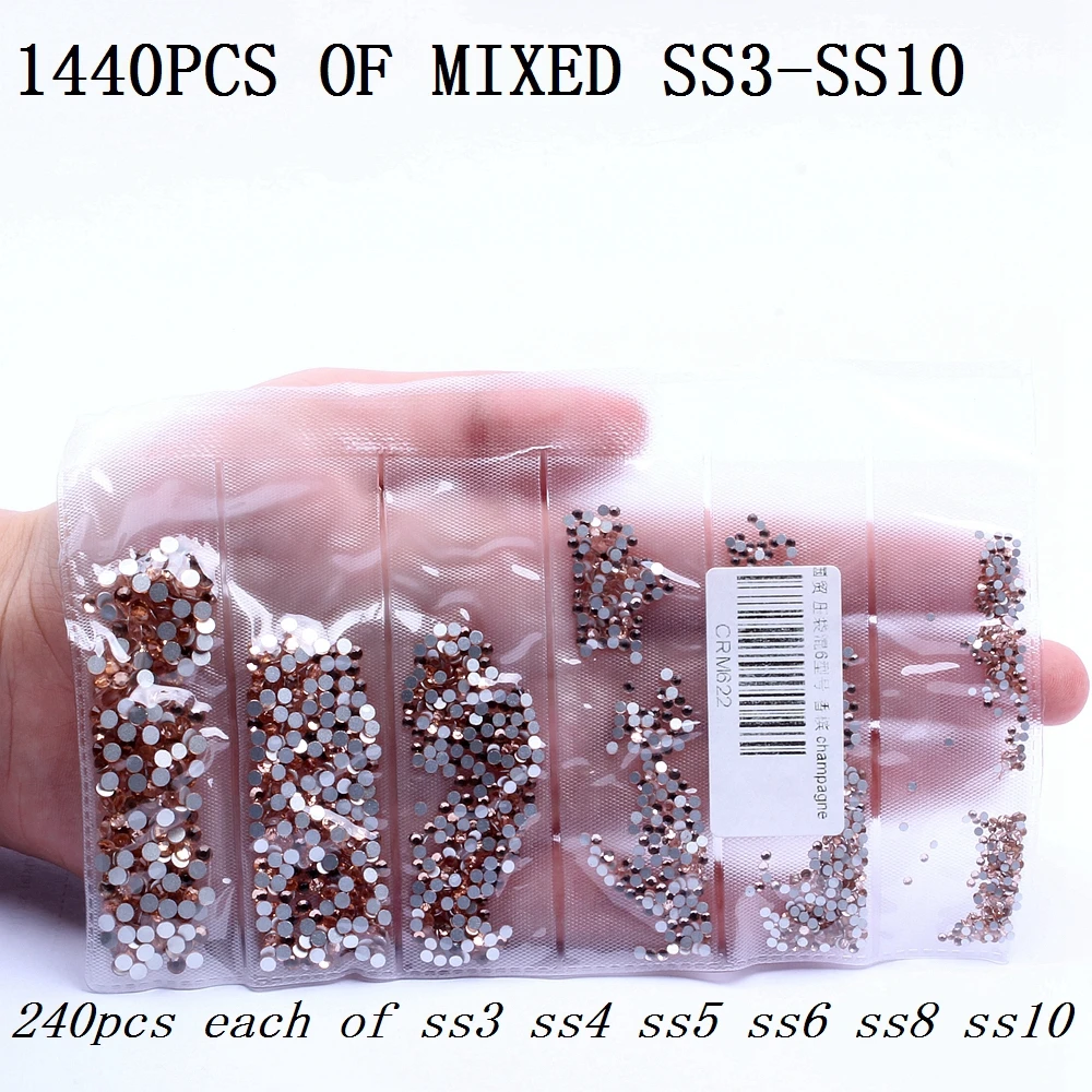 Champagne Non Hotfix Strass Rhinestones SS3-SS34 And Mixed Sizes Flatback Glue On Glass Chatons DIY nail decor