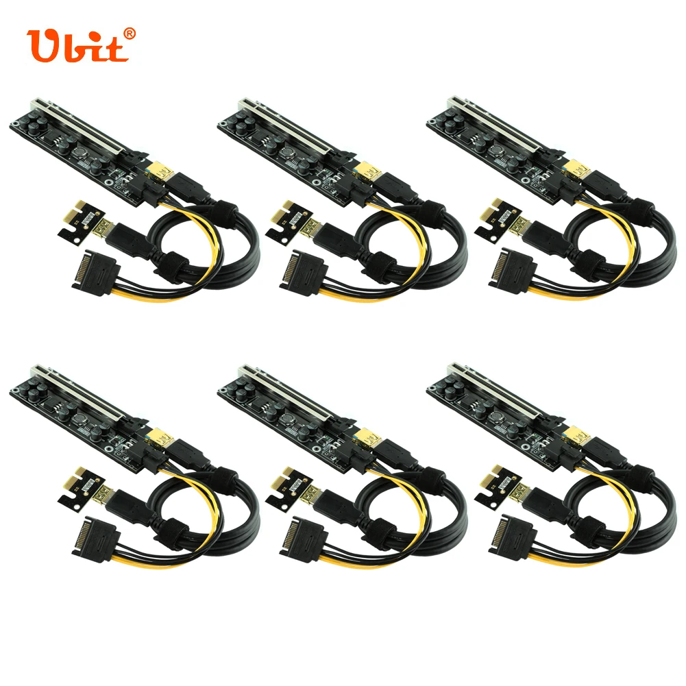 6pcs Ubit V009S-PLUS PCI Express Riser Card 1X to 16X Extender 0.6m USB3.0 Adapter Cable 6pin Sata Power For Ethereum Mining