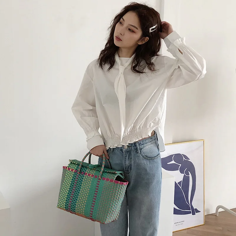 Casual Rattan Basket Women Handbags Wicker Woven Striped Hand Bags Handmade Summer Beach Bag Large Tote Big Bucket Purses 2021