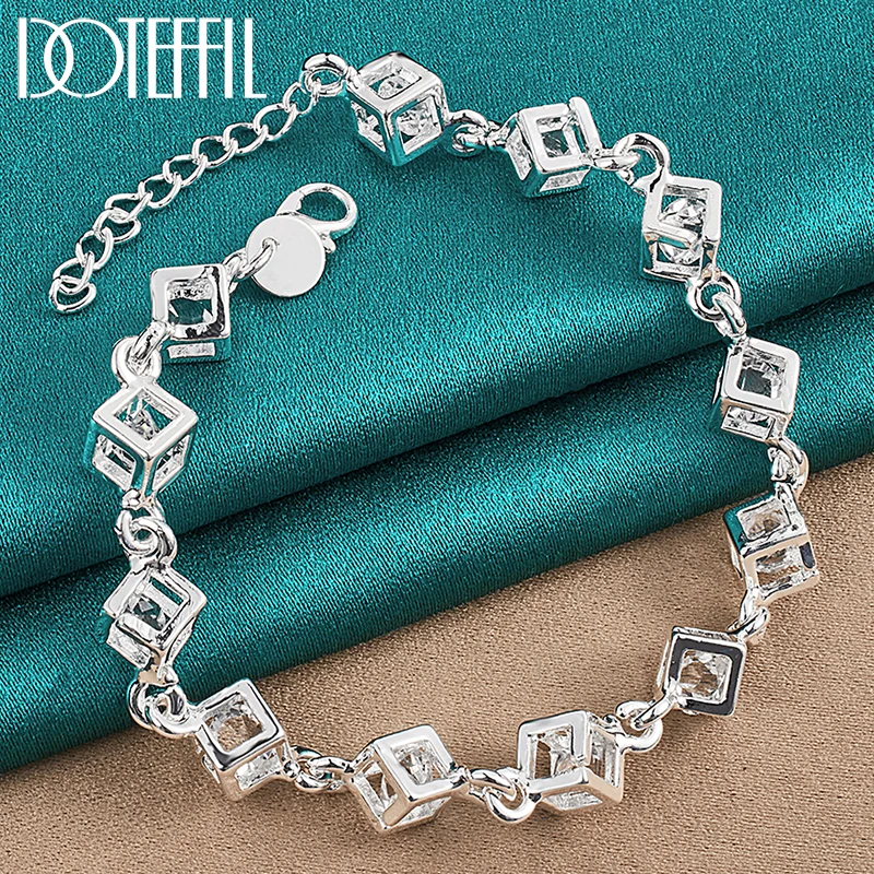 DOTEFFIL 925 Sterling Silver Square AAA Zircon Chain Bracelet For Women Wedding Engagement Party Fashion Jewelry