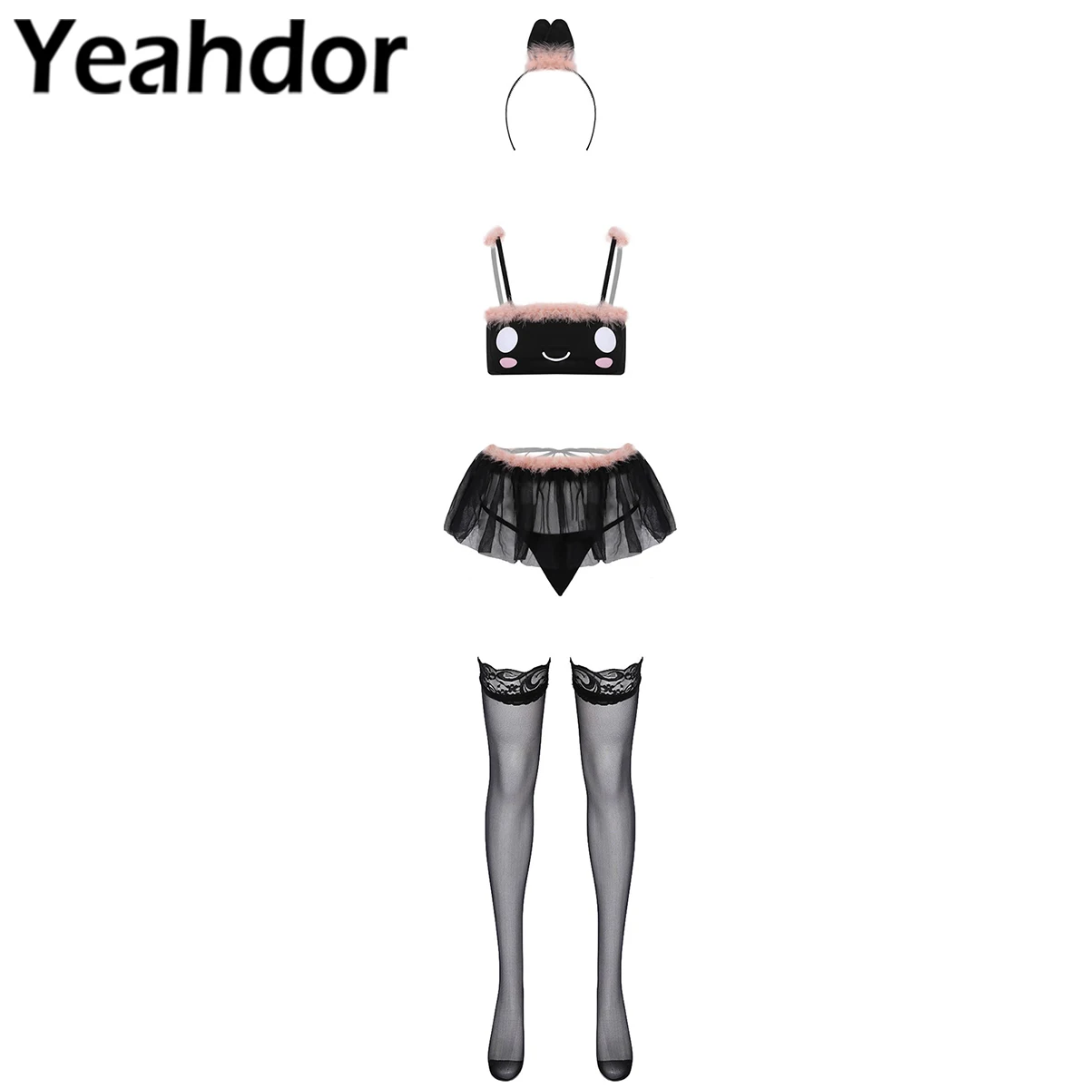 

Women Sexy Lingerie Suit Role Play Costume Cat Ears Hair Hoop Straps Bra Top Mesh Skirt G-String Briefs Thong and Stockings Set