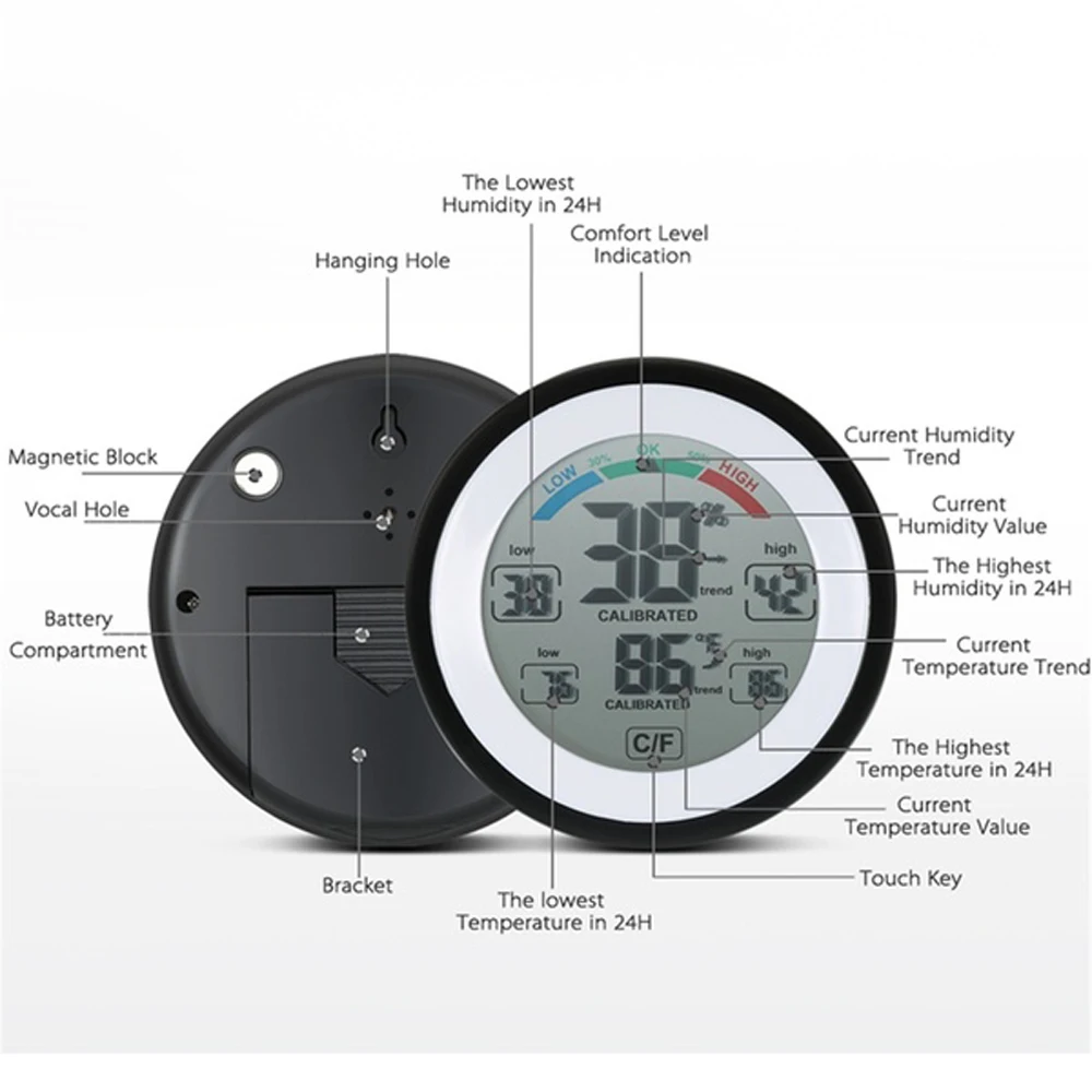 Digital LCD Display Indoor Thermometer Hygrometer Round Wireless Electronic Temperature Humidity Meter Weather Station Tester