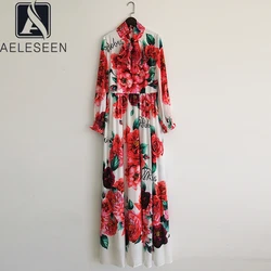 AELESEEN Runway Fashion Women Dress 2022 Spring Autumn Bow Collar Letters Rose Flower Print Long Elegant Party Dress