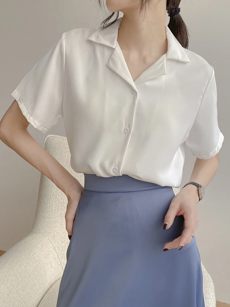 Women Summer Chiffon Blouse Elegant Short Sleeve V Neck Loose Shirt Casual Solid Korean Chic Simple Tops Female Tunic Blusas