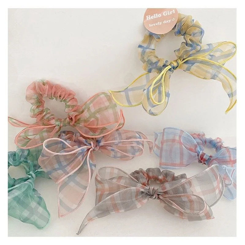 Summer forest girl lattice mesh bow knot hair rope organza large intestine circle hair ring Korean version of small fresh ins