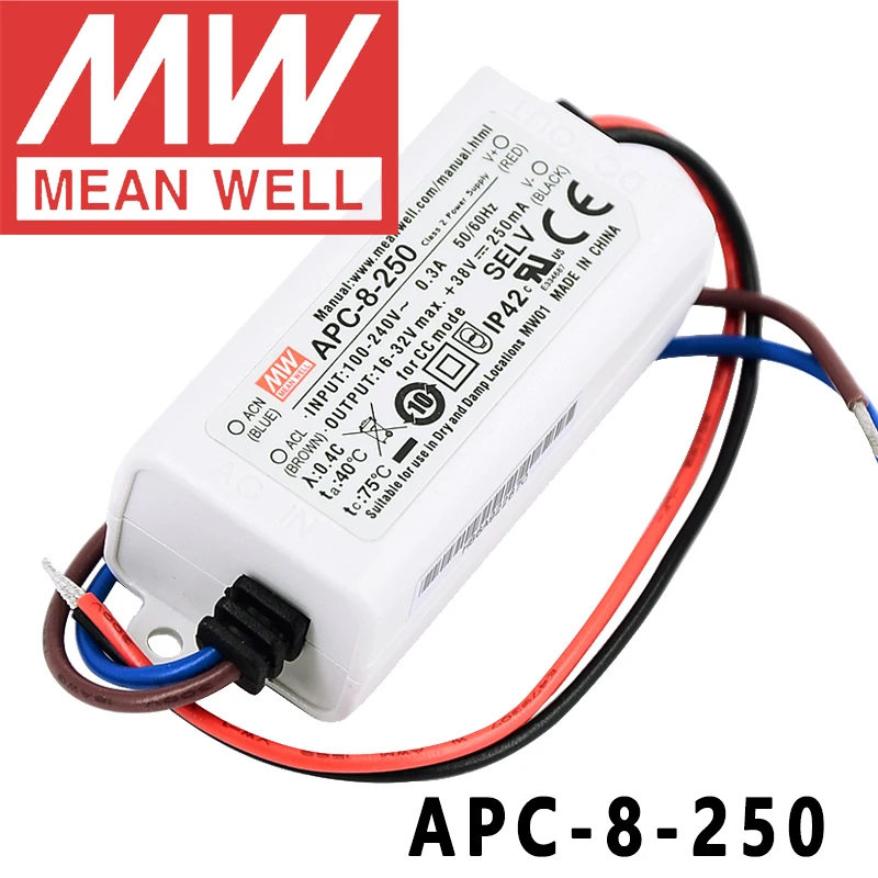 Meanwell пластиковый чехол, оригинальный meanwell с постоянным током 250 мА 8 Вт, светодиодный импульсный источник питания с одним выходом
