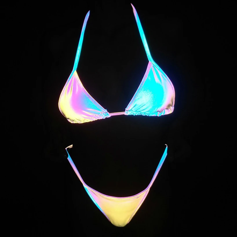 Colorful Reflective Bikini ins Sexy Bandage Split Swimsuit Laser Dark Night Glowing Colorful Flashing Swimsuit bathingsuit women