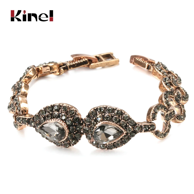 Kinel Charm Boho Gray Crystal Wedding Bridal Bracelet Antique Gold Color Women Link Bracelet Vintage Jewelry Russia Accessories