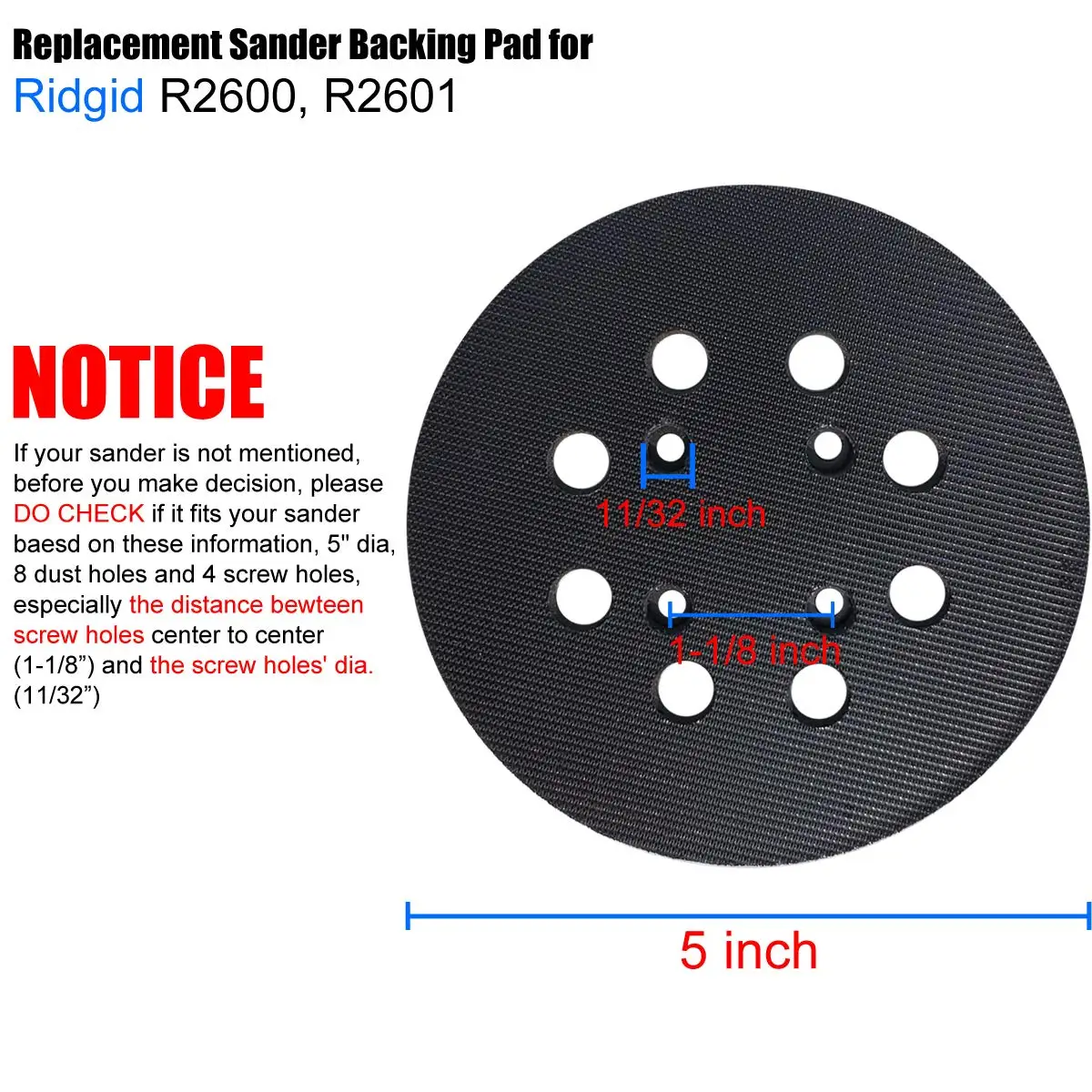 5 Inch Hook and Loop Sander Backing Pad Milwaukee  Replacement Sanding Pad for Ryobi RS290 milwaukee 6021-21 Craftsman 315.11217