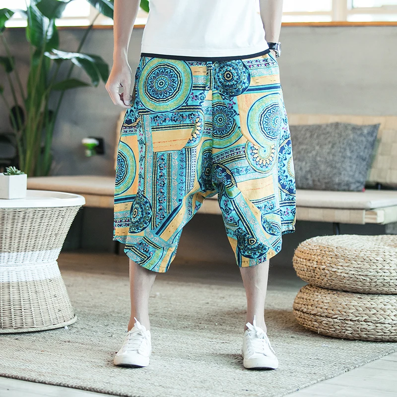 Men Wide Leg Pants Ethnic Cotton Joggers Retro Loose Trousers Thailand Vacation Linen Hawaii Male Big Crotch Nepal Print Pants