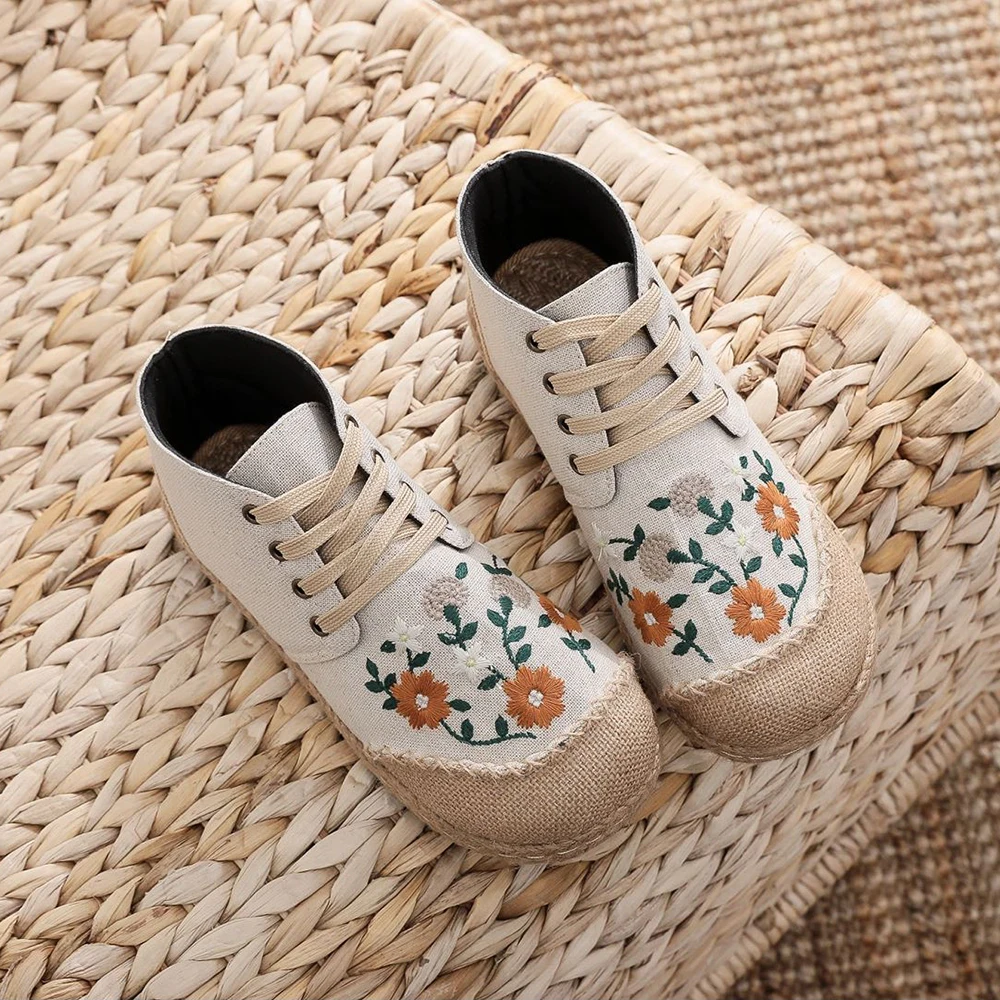 Veowalk Daisy Embroidered Women Linen Cotton High Top Lace Up Espadrilles Sneakers Ladies Comfortable Casual Flat Booties Shoes