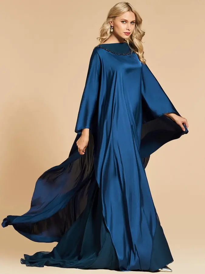 Aso Ebi 2021 Arabisch Marineblauw Lange Avondjurken Kapmouwtjes Kralen Chiffon Formele Party Wear Prom Jassen Vestidos Noiva