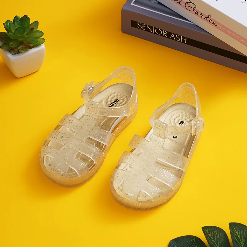 MINI DD Baby sandals 2022 summer new transparent PVC jelly shoes Princess Baotou children\'s Roman beach soft candy shoes DD007