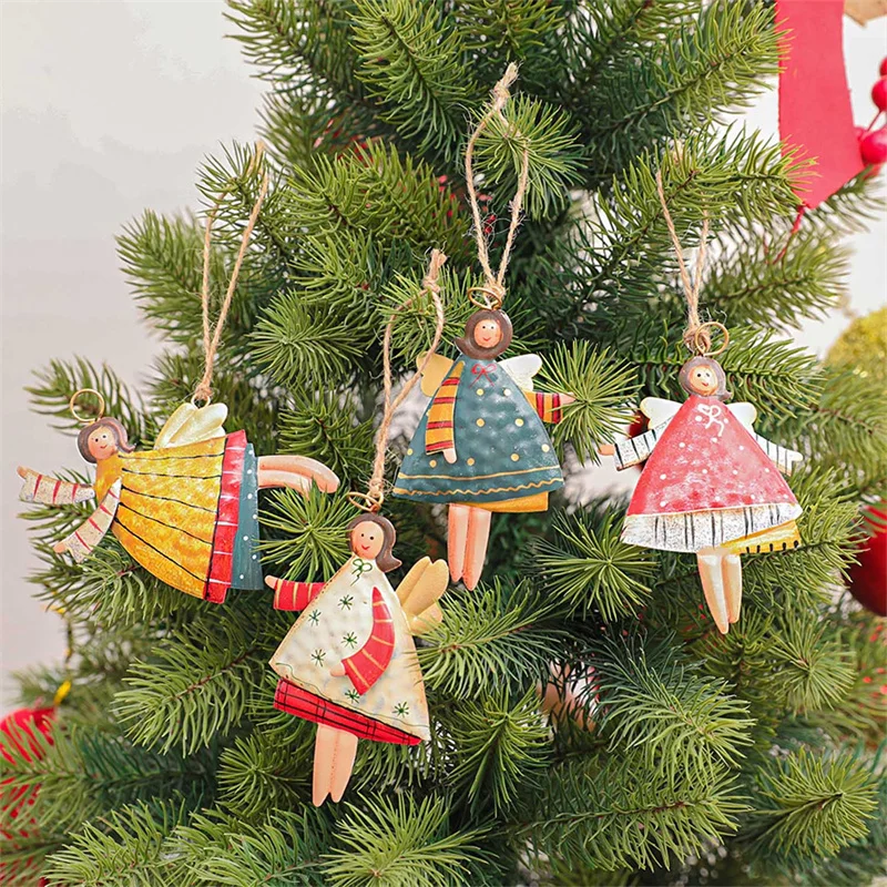 Zollor 4 Pieces of Christmas Metal Angle Tree Ornaments Little Angels With Linen Hanging Rope for Christmas Tree Decoration