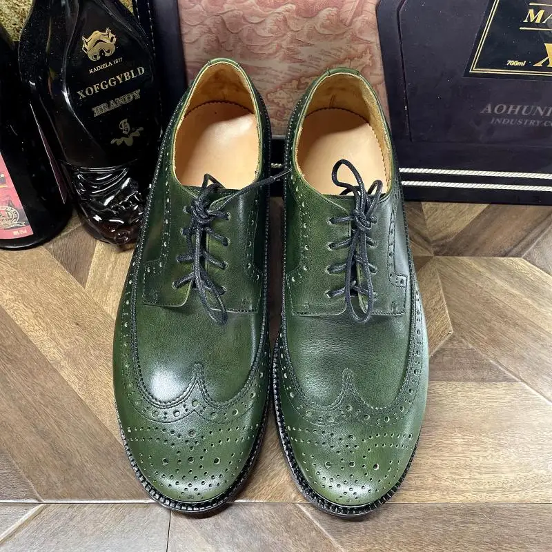 Sipriks Men\'s Goodyear Welted Shoes Calf Leather Brogue Shoes Dark Green Wingtip Dress Shoes British Handmade Gent Suit Shoes 45