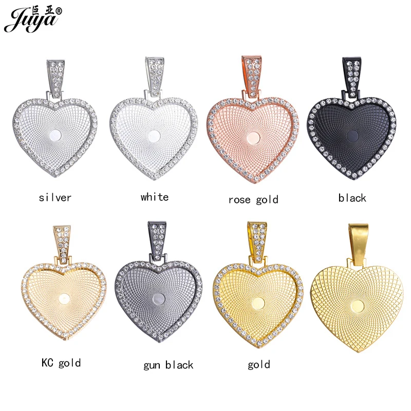 35PCS Heart Cabochon Pendant Base With Diamond Charm Jewelry Making Zinc Alloy 30mm For DIY Hip Hop Necklace Findings Crafts