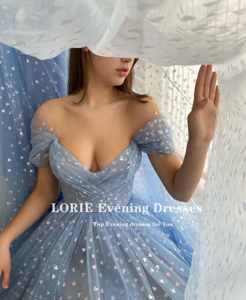 LORIE Glitter Prom Dresses Off the Shoulder Cap Sleeves Shiny Fairy Evening Gown Love Tulle A-Line Celebrity Wedding Party Dress