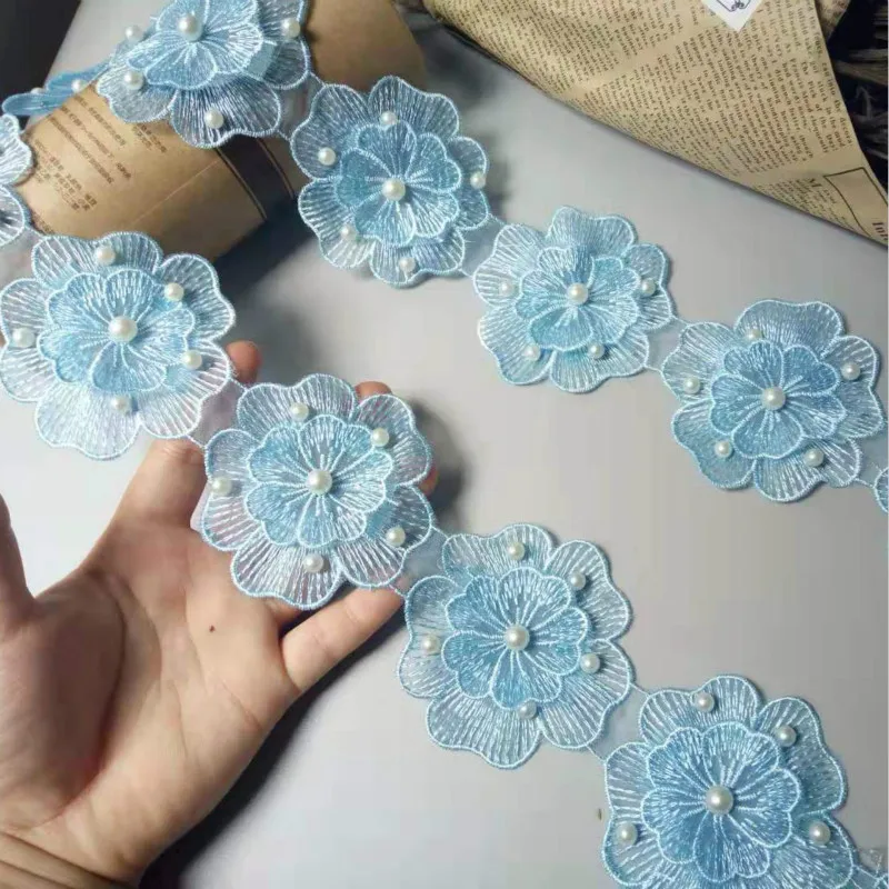 

2 Yard Blue 7.5CM Pearl Flower Soluble Wedding Lace Trim Knitting Embroidered Handmade Patchwork Ribbon Sewing Supplies Craft