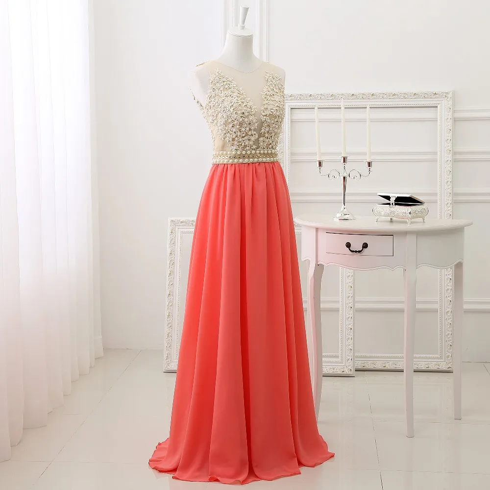 

appliques 2025 Good Quality Real Picture Coral Chiffon Strapless see through Back a-line Pearls Prom Gown custom evening dresses