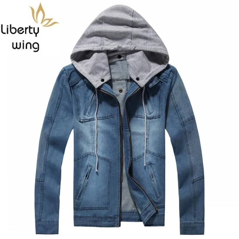 

Men's Zip Hoodies Washed Hat Detachable Jeans Jacket Solid Pockets Male Denim Coat Blue Jaqueta Masculina Plus Size 5XL