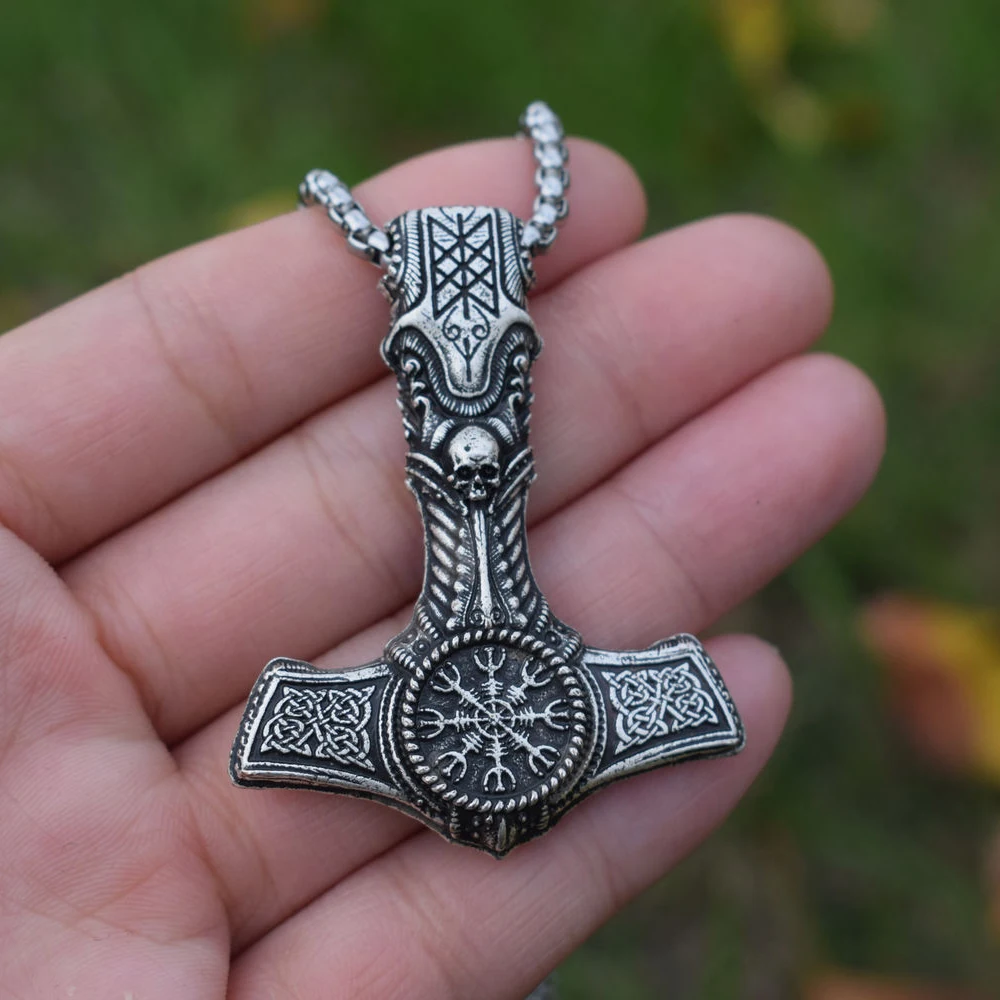 Antique silver plated Nordic Viking Mjolnir Thor Hammer Skull Helm of Awe Necklace For Men with 60cm stainless steel chain