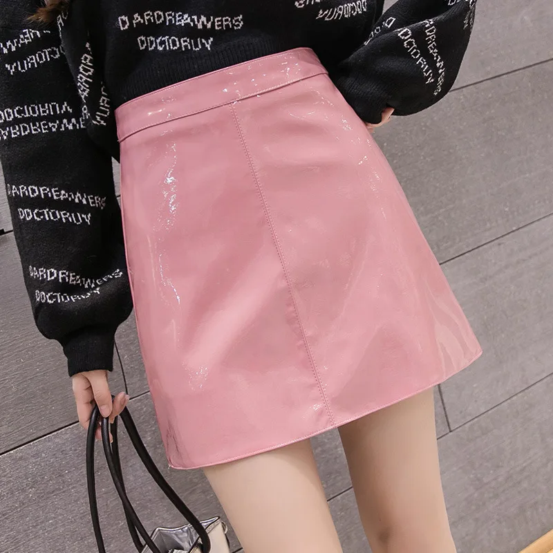 

2024 Autumn & Spring New Arrival Patent Leather Mirror Candy PU Leather Skirt High Waist Solid Slim A-line Skirt Free Shipping